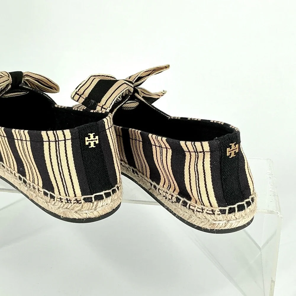 Tory Burch Size 6 Bow Espadrille Flats Black Tan NEW Vintage Striped Canvas $248